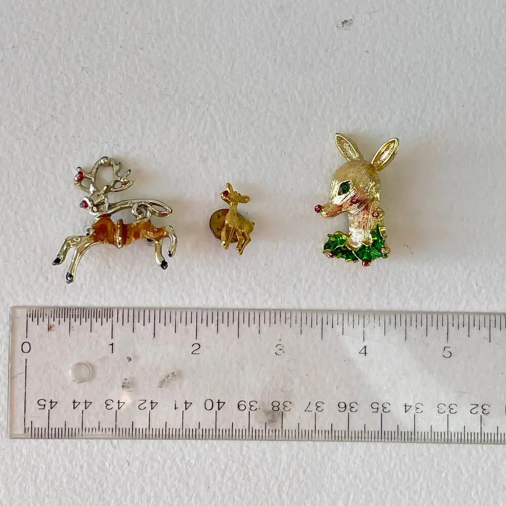 Vintage Christmas Pins Reindeer Rhinestone Enamel Brooch Signed Gerrys Lot of 3